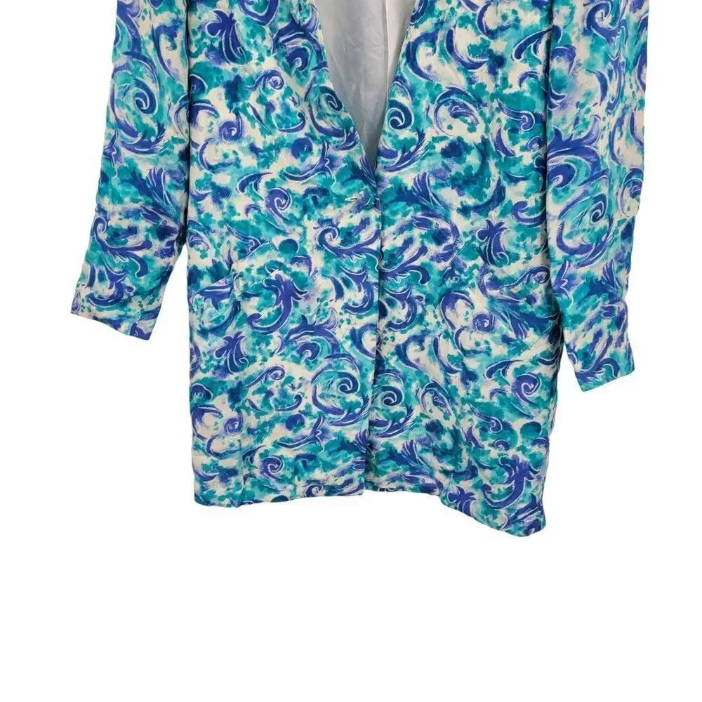 Vintage 80's Blazer Silk Duster Single Breasted Button‎ Longline Blue Swirl 6